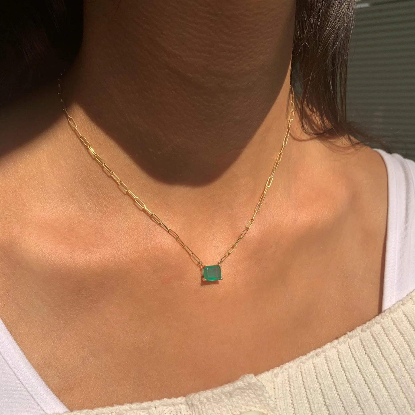 14k Gold Emerald Paperclip Link Necklace