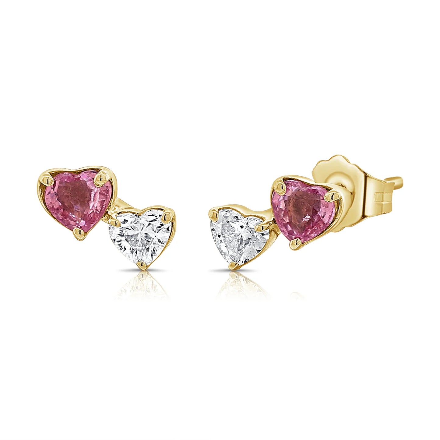 14K Gold Pink Sapphire & Diamond Heart Studs