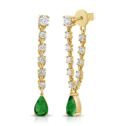 14k Gold Diamond Emerald Dangle Earrings